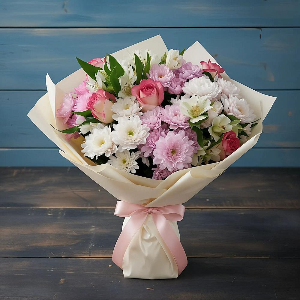 Букет цветов из: Хризантемы, Альстромерии и Розы в Фастовецкой